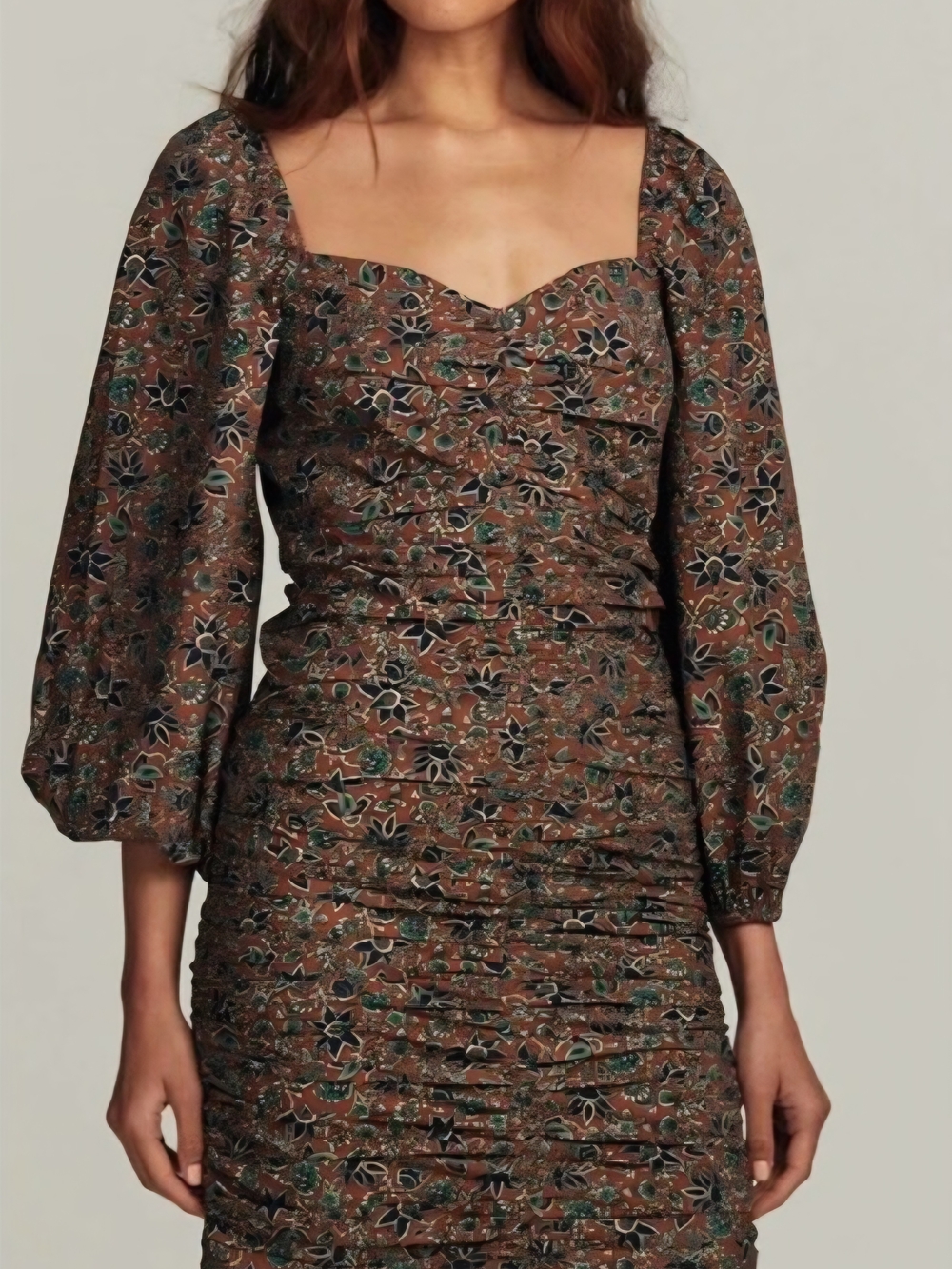 Veronica Beard Brown Floral Ruched Square-Neck Dress